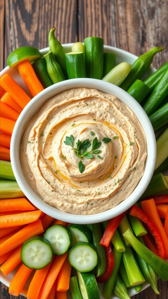 A colorful spread of fresh vegetables surrounding a bowl of creamy vegan dip, perfect for snacking.